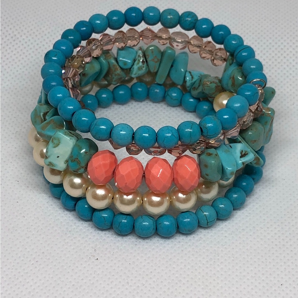 Turquoise and Coral Beaded Bracelet Stack